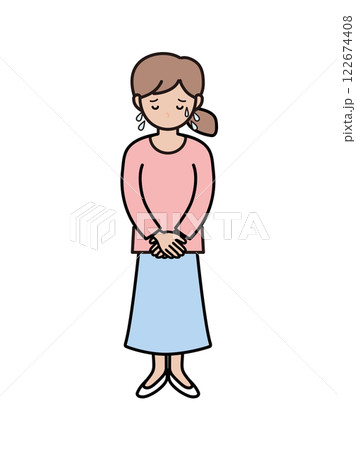 大汗をかいて謝罪する若い女性の全身イラスト 122674408