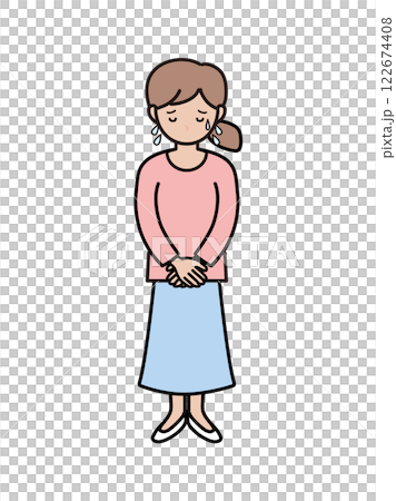 大汗をかいて謝罪する若い女性の全身イラスト 122674408