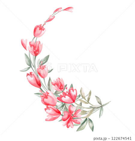 Curved bouquet of flowers in fantasy style. Isolated watercolor illustration for design of cards, posters, printing on clothes. Curved bouquet of flowers in fantasy style. Isolated watercolor illustration for design of cards, posters, printing on clothes. 122674541