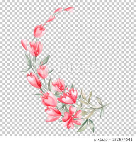 Curved bouquet of flowers in fantasy style. Isolated watercolor illustration for design of cards, posters, printing on clothes. Curved bouquet of flowers in fantasy style. Isolated watercolor illustration for design of cards, posters, printing on clothes. 122674541