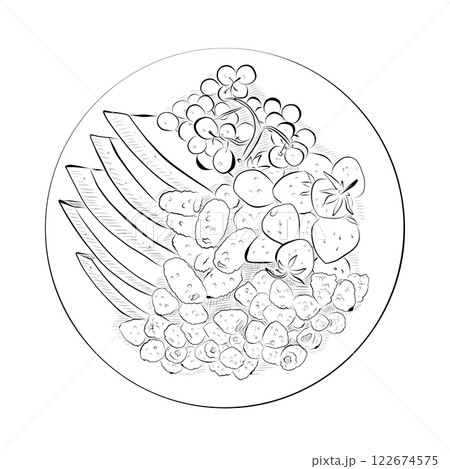Line drawing. Line art of food - plate with fruits and berries. 122674575