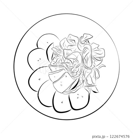 Line drawing. Line art of food - plate with salad with greens, cheese, pear. 122674576