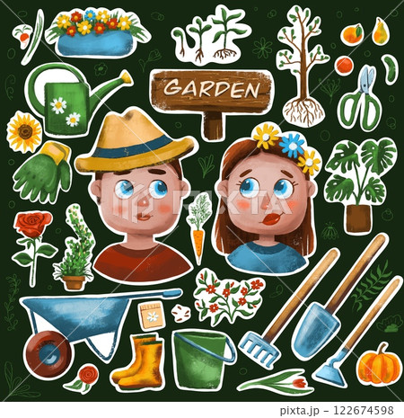 boy and girl, gardening sticker set, digital drawing boy and girl, gardening sticker set, digital drawing 122674598