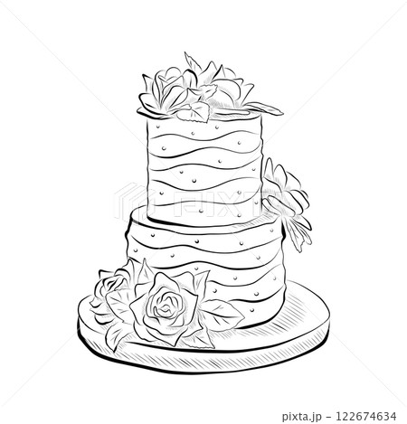 Line drawing. Wedding cake with flowers in line art style. Line drawing. Wedding cake with flowers in line art style. 122674634