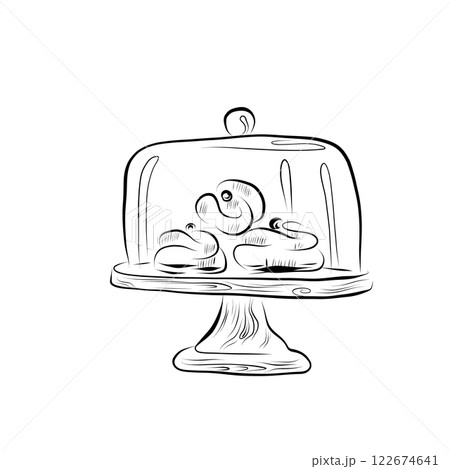 Line drawing. Line art cakes on a plate under a glass lid. 122674641