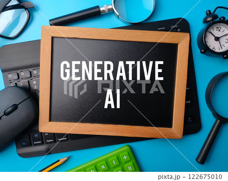 Black keyboard and wooden board with the word GENERATIVE AI on a blue background. 122675010
