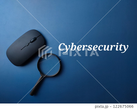 Black mouse and magnifying glass with word Cybersecurity on a blue background. 122675066