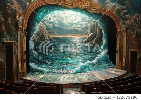 Dramatic theater stage with giant ocean waves crashing in a surreal artistic display 122675190