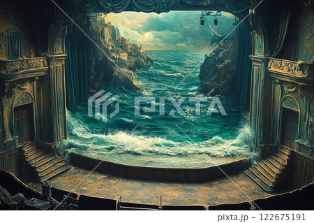 Dramatic theater stage with giant ocean waves crashing in a surreal artistic display 122675191