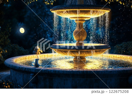 Moonlit fountain illuminates peaceful park at night under a clear starry sky Moonlit fountain illuminates peaceful park at night under a clear starry sky 122675208