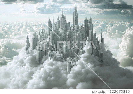 City of clouds with towering skyscrapers and serene blue sky at sunset City of clouds with towering skyscrapers and serene blue sky at sunset 122675319