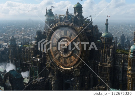 Clock tower forms the centerpiece of a breathtaking medieval cityscape under a clear sky Clock tower forms the centerpiece of a breathtaking medieval cityscape under a clear sky 122675320