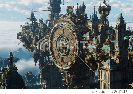 Clock tower forms the centerpiece of a breathtaking medieval cityscape under a clear sky 122675322