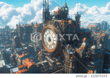 Clock tower forms the centerpiece of a breathtaking medieval cityscape under a clear sky 122675323