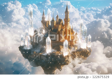 Majestic floating crystal castle surrounded by clouds and stars in a magical landscape 122675329
