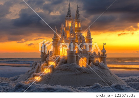 Sandcastle masterpiece glows at sunset on a beach with crashing waves 122675335