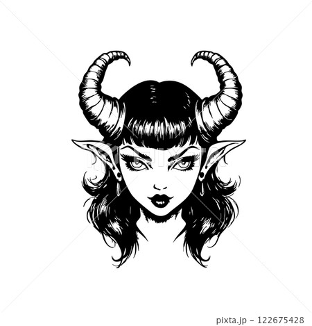 Vector of a demon woman with horns, pointed ears, and striking eyes, combining gothic allure and dark fantasy elements. Vector of a demon woman with horns, pointed ears, and striking eyes, combining gothic allure and dark fantasy elements. 122675428