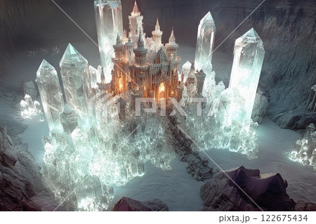 Majestic castle surrounded by towering crystal formations on a misty mountaintop 122675434