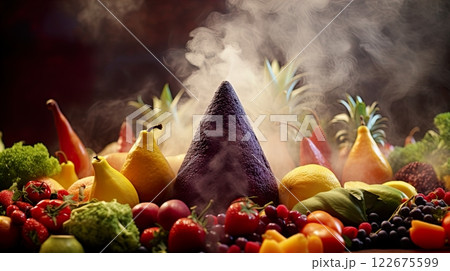 Fresh fruits and vegetables background. Healthy food concept. Top view. Generate Ai Fresh fruits and vegetables background. Healthy food concept. Top view. Generate Ai 122675599