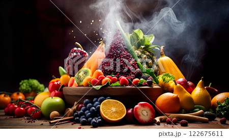 Fresh fruits and vegetables background. Healthy food concept. Top view. Generate Ai 122675611