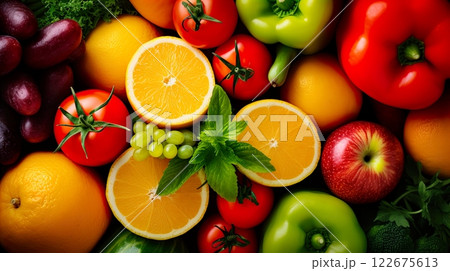 Fresh fruits and vegetables background. Healthy food concept. Top view. Generate Ai 122675613