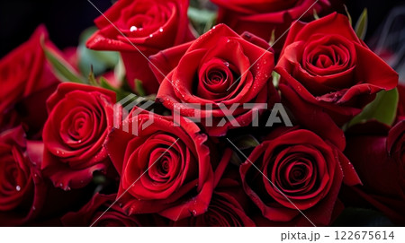 Red roses with water drops on the petals. Bouquet of red roses . Generate Ai Red roses with water drops on the petals. Bouquet of red roses . Generate Ai 122675614