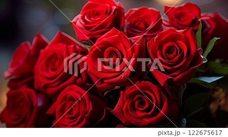 Red roses with water drops on the petals. Bouquet of red roses . Generate Ai 122675617