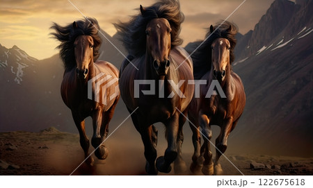 Horses galloping in the desert. 3d render illustration. Generate Ai Horses galloping in the desert. 3d render illustration. Generate Ai 122675618