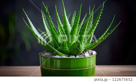Aloe vera plant in pot on black background, top view . Generate Ai 122675652