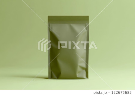 Mock up of one green foil zip bag on a mute green desk and wall background. For your design, presentation, promo, logo. Blank empty ziplock bag, space for brand name. Empty packaging, clipping path 122675683