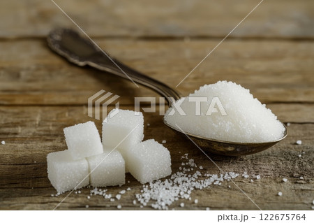 Sugar pile in a metal spoon on a wood surface. White granulated sugar and cubes. Natural seasoning. Refined sugar poured on wooden rustic table. Sugary sand. Cooking, cosmetology, spa services concept 122675764