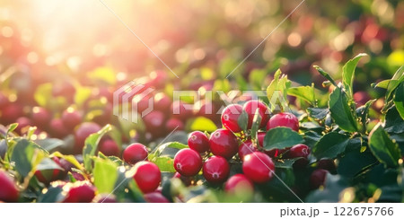 Cranberries growing. Red cranberry grows on a bog among green moss. Sunny autumn day. Vaccinium oxycoccos berries plantation farming. Lingonberry. Close-up of a bush of berry with green leaves. 122675766