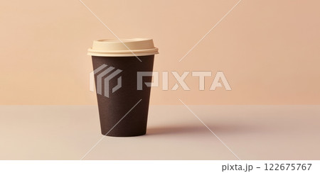 Blank brown coffee paper cup with white lid mockup. Disposable paper tea cup isolated on beige. Togo Cup packaging for design, logo, text. Hygienic cooking or home delivery concept. Banner, template 122675767