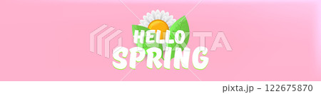 Hello spring pink horizontal banner with text and flowers on soft pink background with pink clouds. hello spring slogan or label isolated on pink background. Springtime banner and header 122675870