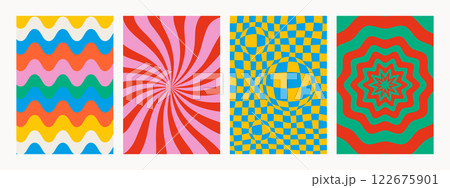 Groovy backgrounds in vivid colors. Abstract psychedelic retro pattern set. Trendy funky vector textures in abstract y2k style. Vector graphic for posters and art prints 122675901
