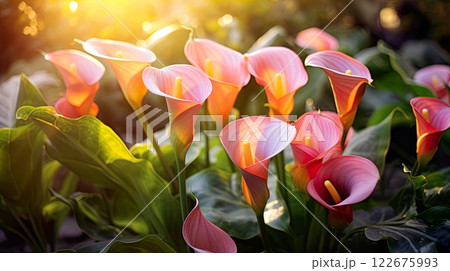 Colorful tulips with water drops on grey background. Top view. Generate Ai 122675993