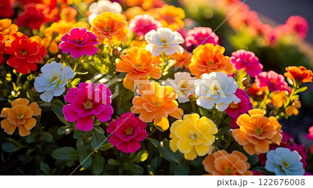 colorful primroses in the garden, selective focus, nature background . Generate Ai 122676008