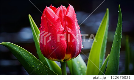 Colorful tulips with water drops on grey background. Top view. Generate Ai Colorful tulips with water drops on grey background. Top view. Generate Ai 122676021