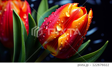 Colorful tulips with water drops on grey background. Top view. Generate Ai Colorful tulips with water drops on grey background. Top view. Generate Ai 122676022