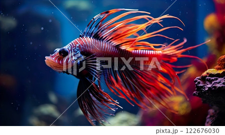 Siamese fighting fish (Betta splendens) in aquarium . Generate Ai Siamese fighting fish (Betta splendens) in aquarium . Generate Ai 122676030