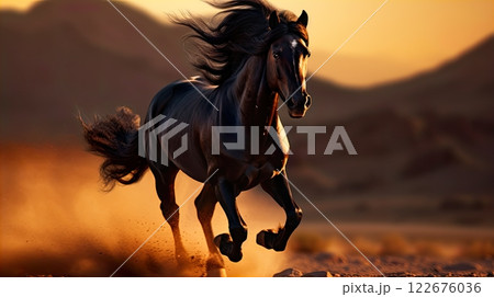 Horses galloping in the desert. 3d render illustration. Generate Ai Horses galloping in the desert. 3d render illustration. Generate Ai 122676036