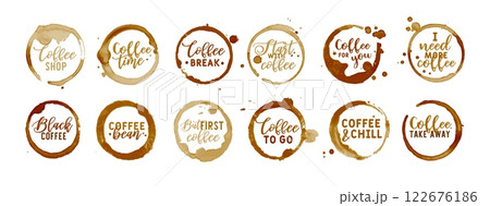 Coffee stains labels. Stickers with coffee lettering. Watercolor black coffee ring, tea badge with text. Circle stamp cups cafe logos. Drops, splashes mark. Vector sign set 122676186