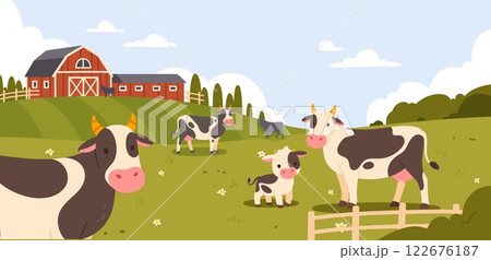 Cow milk farm. Rural landscape with cows. Cartoon country scene domestic with animals on meadow. Dairy farm. Farmed background with ranch barn and field. Vector concept Cow milk farm. Rural landscape with cows. Cartoon country scene domestic with animals on meadow. Dairy farm. Farmed background with ranch barn and field. Vector concept 122676187