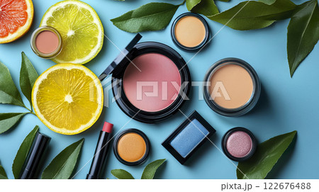 Variety of cosmetic products displayed on a bright blue background for beauty and skincare Variety of cosmetic products displayed on a bright blue background for beauty and skincare 122676488