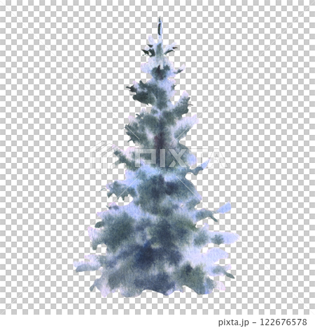 Watercolor illustration snowy fir tree. Hand painted Christmas woodland forest winter scene, snowflakes, fir tree, isolated on white background. 122676578