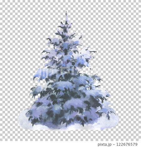 Watercolor illustration snowy fir tree. Hand painted Christmas woodland forest winter scene, snowflakes, fir tree, isolated on white background. 122676579