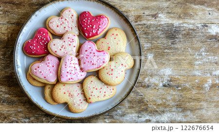 Delicious heart shaped cookies with pink and red icing on plate 122676654