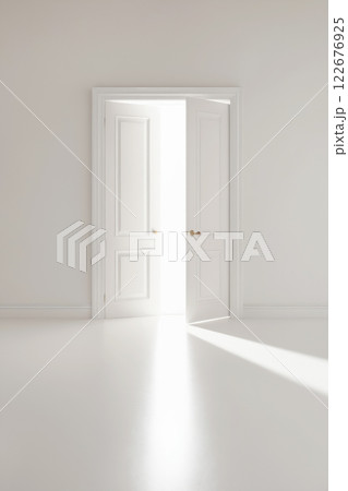 white double doors, intense light through the opening. Minimalistic light Background white double doors, intense light through the opening. Minimalistic light Background 122676925