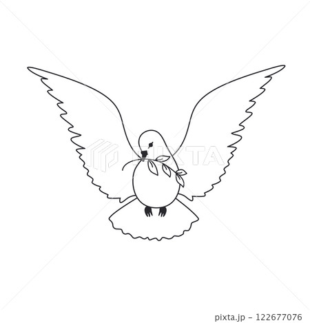 Dove with olive branch linear vector icon. Flying dove bird thin line design element illustration. Peace sign, hope holy spirit church religion holiday symbol. Pigeon contour isolated outline drawing 122677076