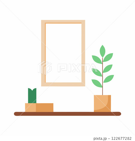 Minimalist Interior with Blank Wooden Frame and Potted Plant for Mockups and Product Display Templates Minimalist Interior with Blank Wooden Frame and Potted Plant for Mockups and Product Display Templates 122677282